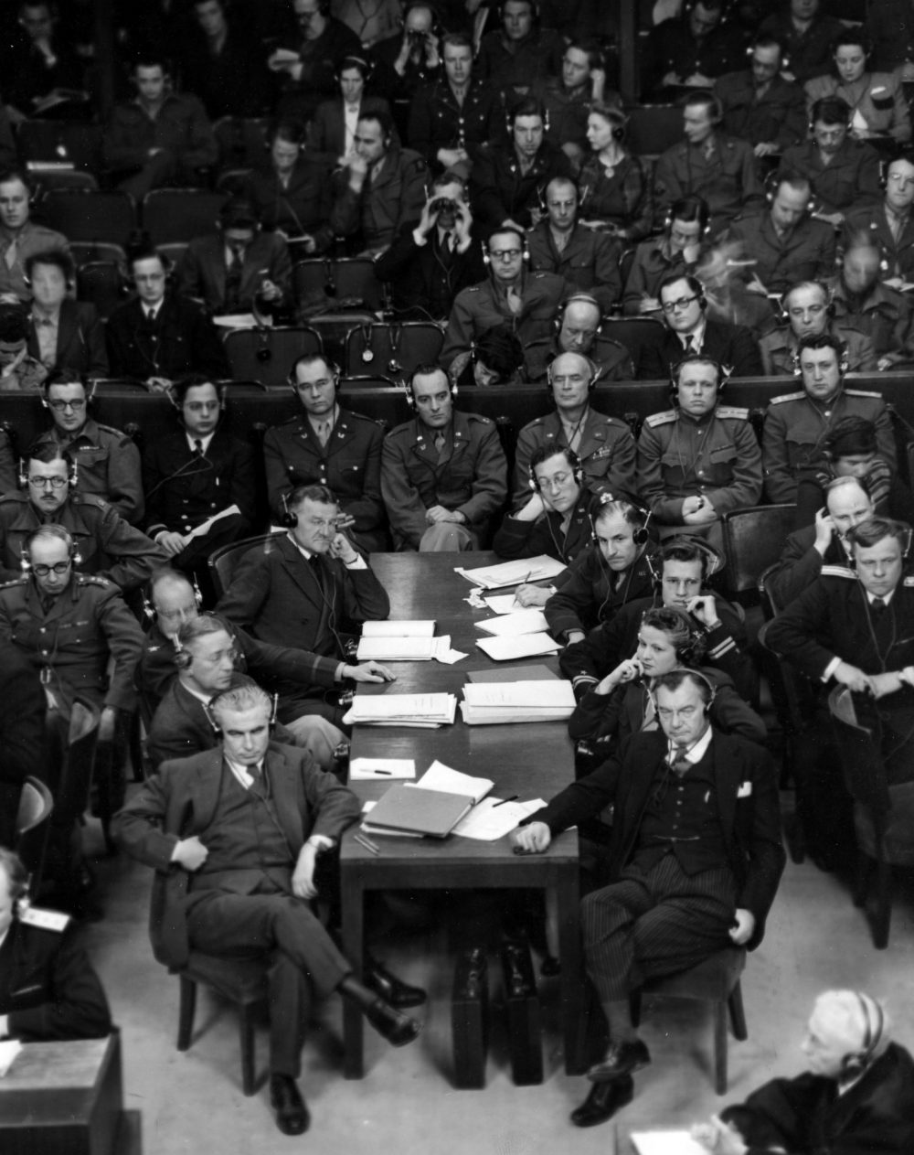 Robert H. Jackson and legal team members at the United States Prosecutor Table at the International Military Tribunal at Nuremberg